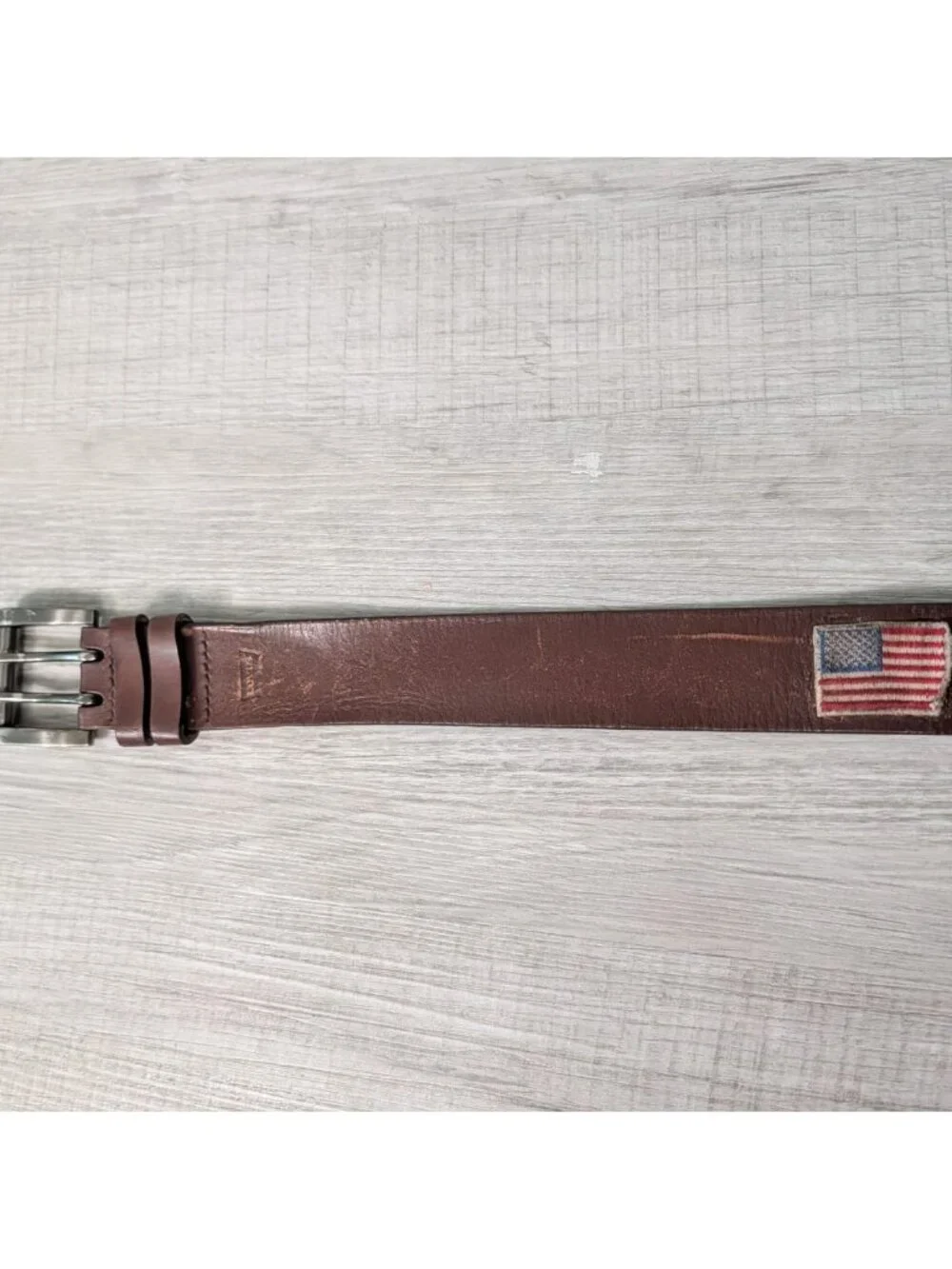VTG Levi's Women's Sz 34 Brown Leather Belt W American Flag Double Prong Buckle